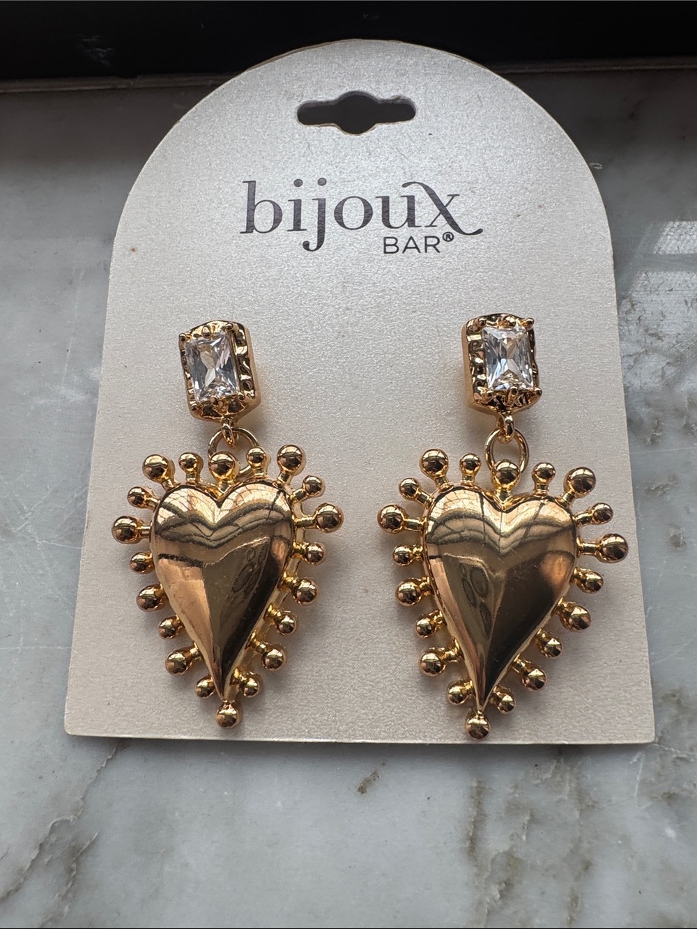 NEW Bijoux Bar Gold Heart Drop Earrings with Clear Stone Accent